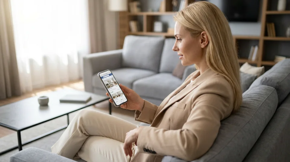 Cliente pesquisando imóveis no celular antes de entrar em contato com corretor